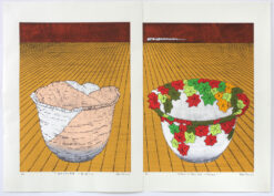 Woodcut print by Japanese artist Nana Shiomi of two ceramic bowls on a stage with a train passing on the horizon