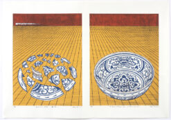 Japanese style woodcut by Nana Shiomi of an interior view, with blue and white ceramics on a stage or shelf