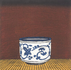 Nana Shiomi Japanese woodcut of blue and white ceramic bowl on stage. interior view, linited edition print