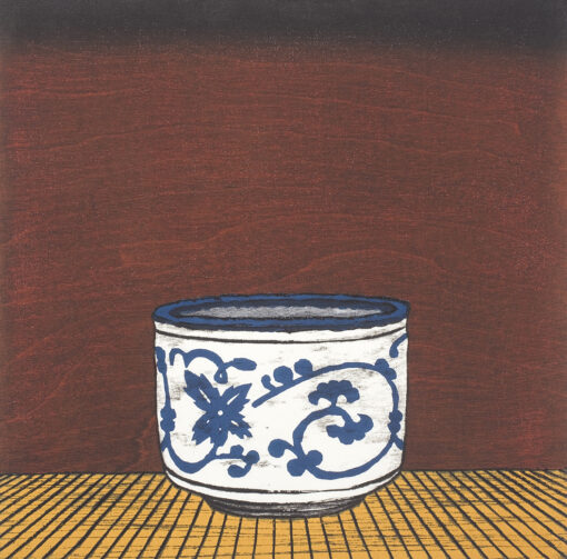 Nana Shiomi Japanese woodcut of blue and white ceramic bowl on stage. interior view, linited edition print