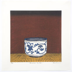 Nana Shiomi Japanese woodcut of blue and white ceramic bowl on stage. interior view, limted edition print