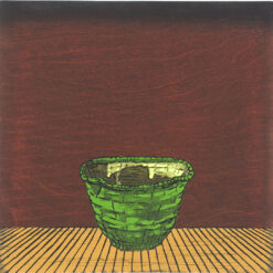 Nana Shiomi woodcut of green ceramic bowl, interior view on stage, woodcut