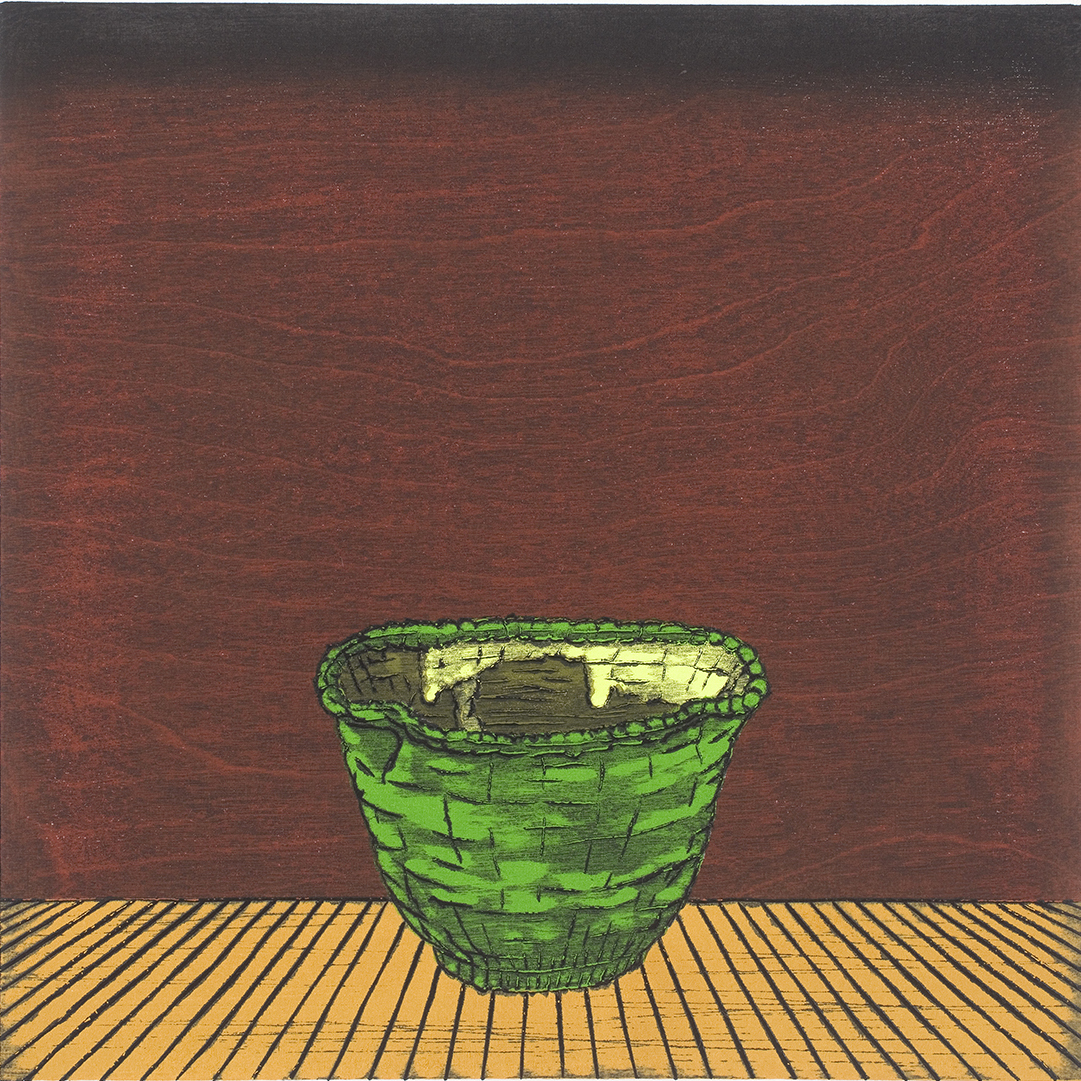Nana Shiomi woodcut of green ceramic bowl, interior view on stage, woodcut