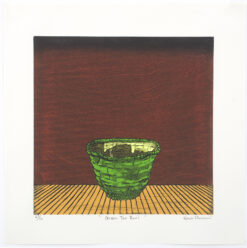 Nana Shiomi woodcut of green ceramic bowl, interior view on stage, woodcut -