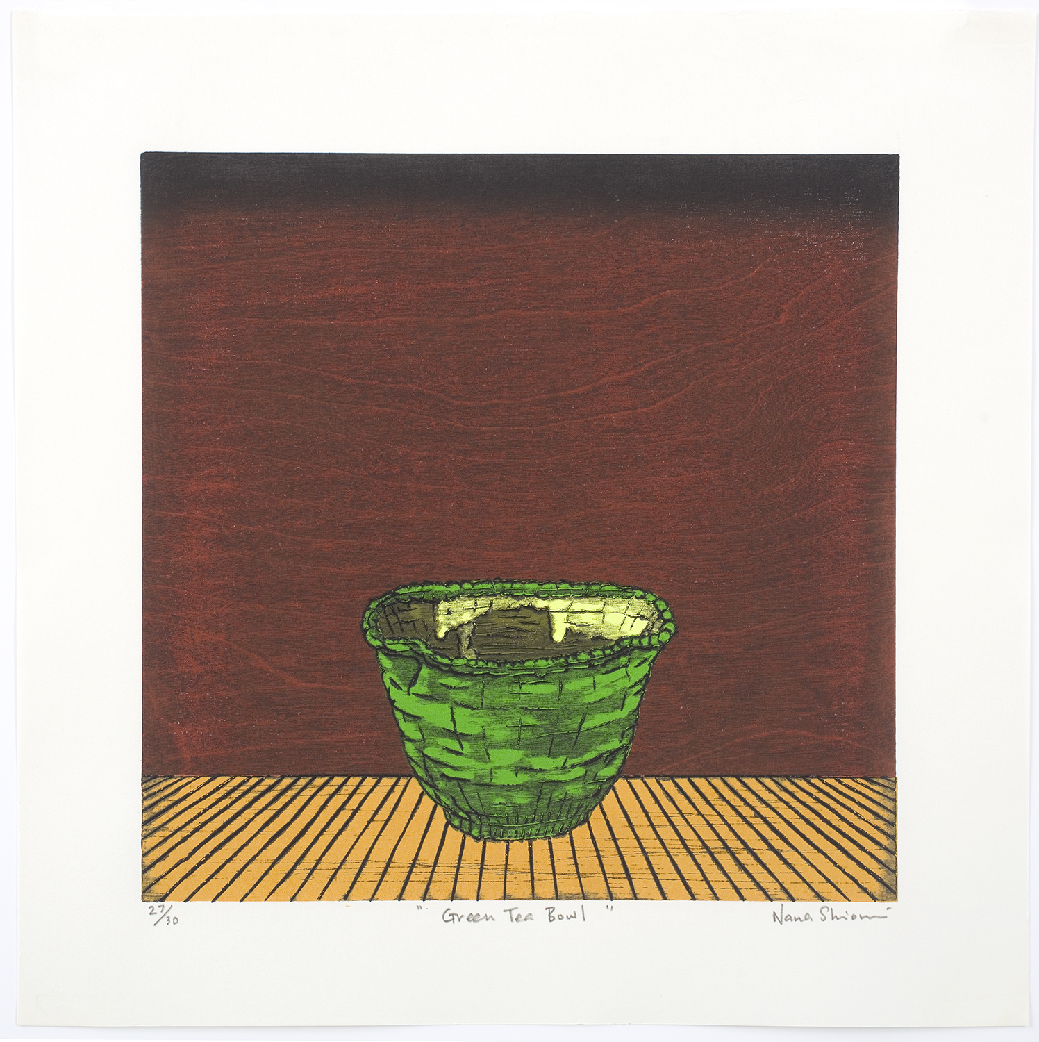 Nana Shiomi woodcut of green ceramic bowl, interior view on stage, woodcut -