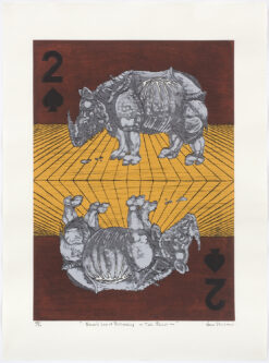 Japanese Artist Nana Shiomi, woodcut print - mirrored image of Rhino in homage to Durer's etching.