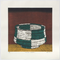 Japanese artist Nana Shiomi woodcut print of ceramic bowl in green and white on a stage or shelf. Interior view