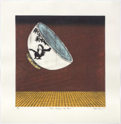 Japanese artist Nana Shiomi, woodcut print of ceramic bowl with monkey in motion. interior view on stage or shelf