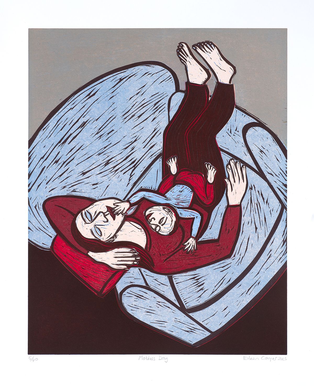 A limited edition woodcut print by Eileen Cooper RA if a mother and child on a chair interior