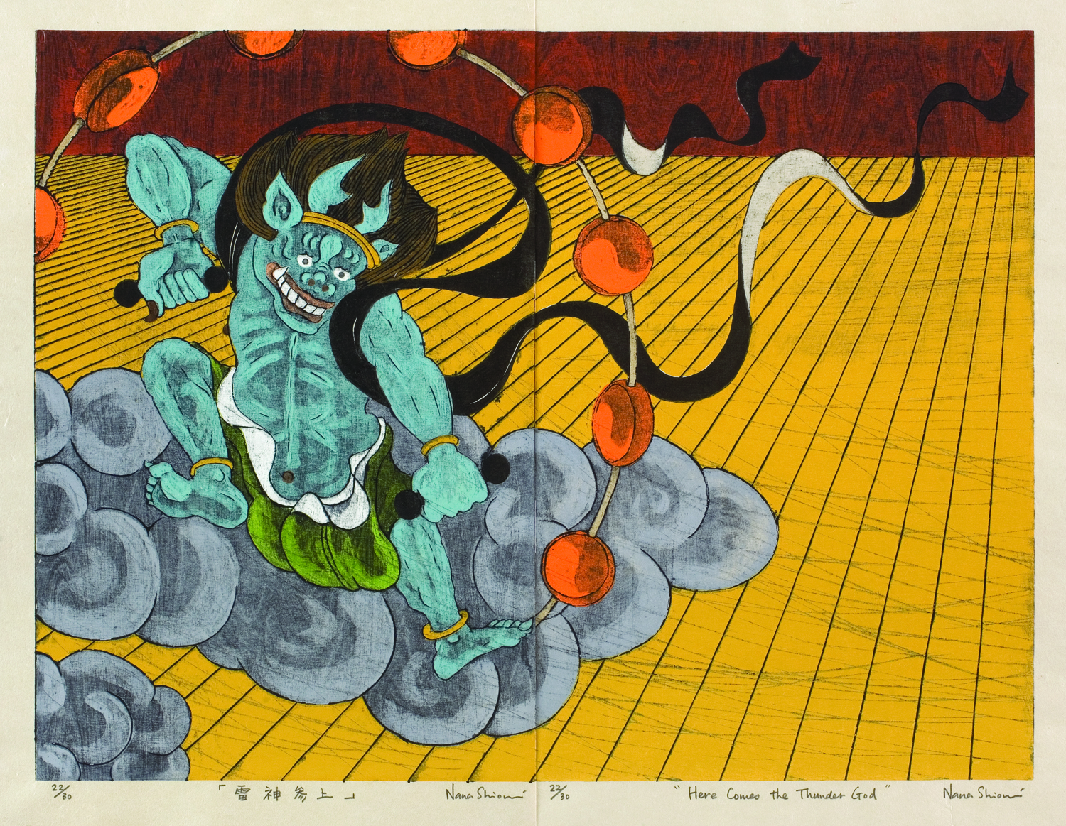 Nana Shiomi, Here comes the Thunder God, Contemporary woodcut print