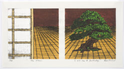 Japanese woodcut print by nana shiomi of tree and screen. contemporary print with book for sale