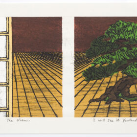 Japanese woodcut print by nana shiomi of tree and screen