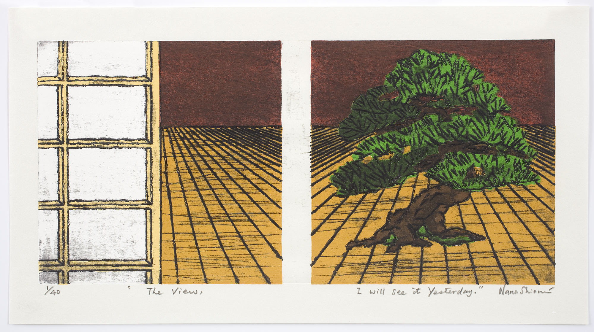 Nana Shiomi Japanese woodblock print of tree and screen, contemporary print