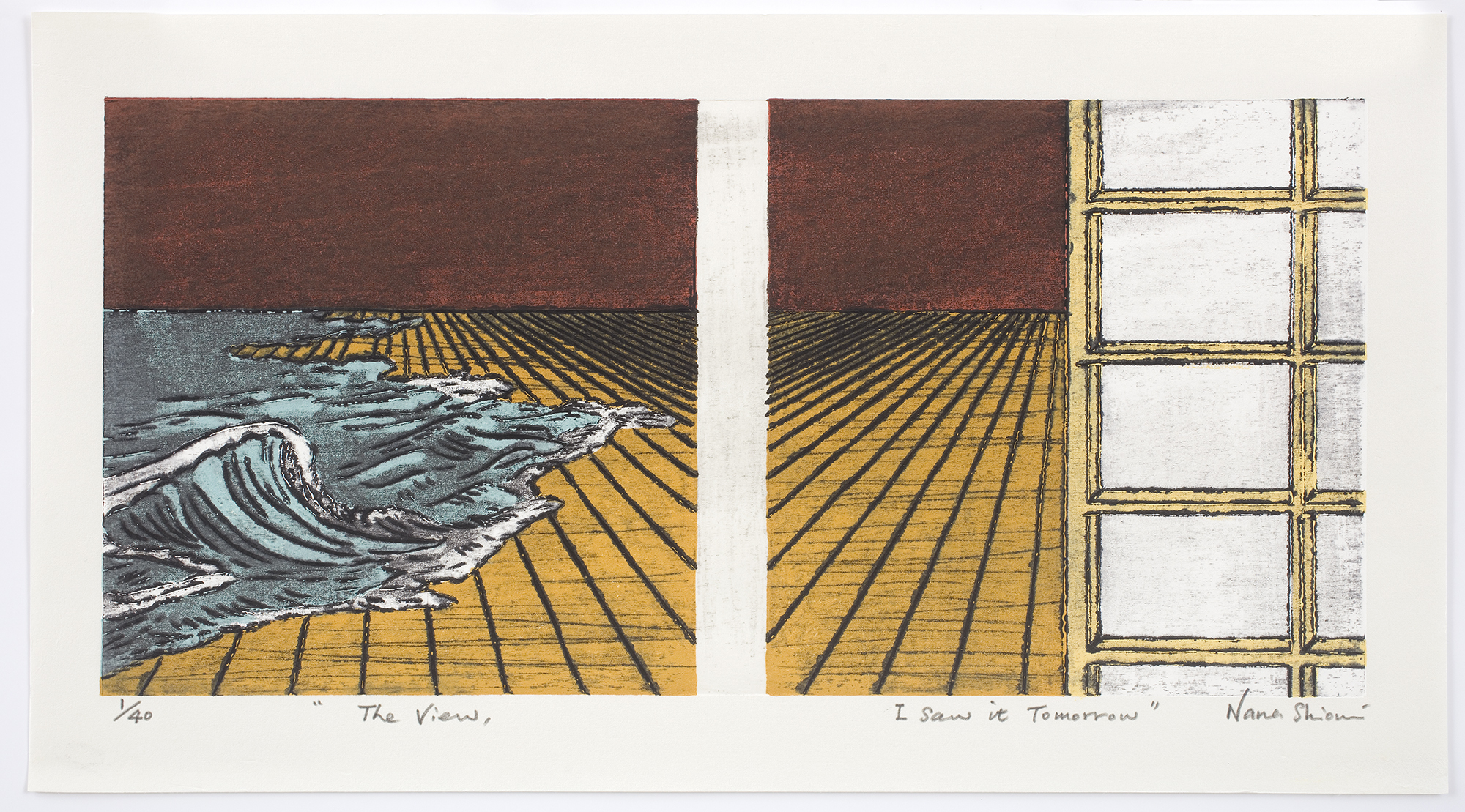 woodcut by Nana shiomi of wave and japanese screen