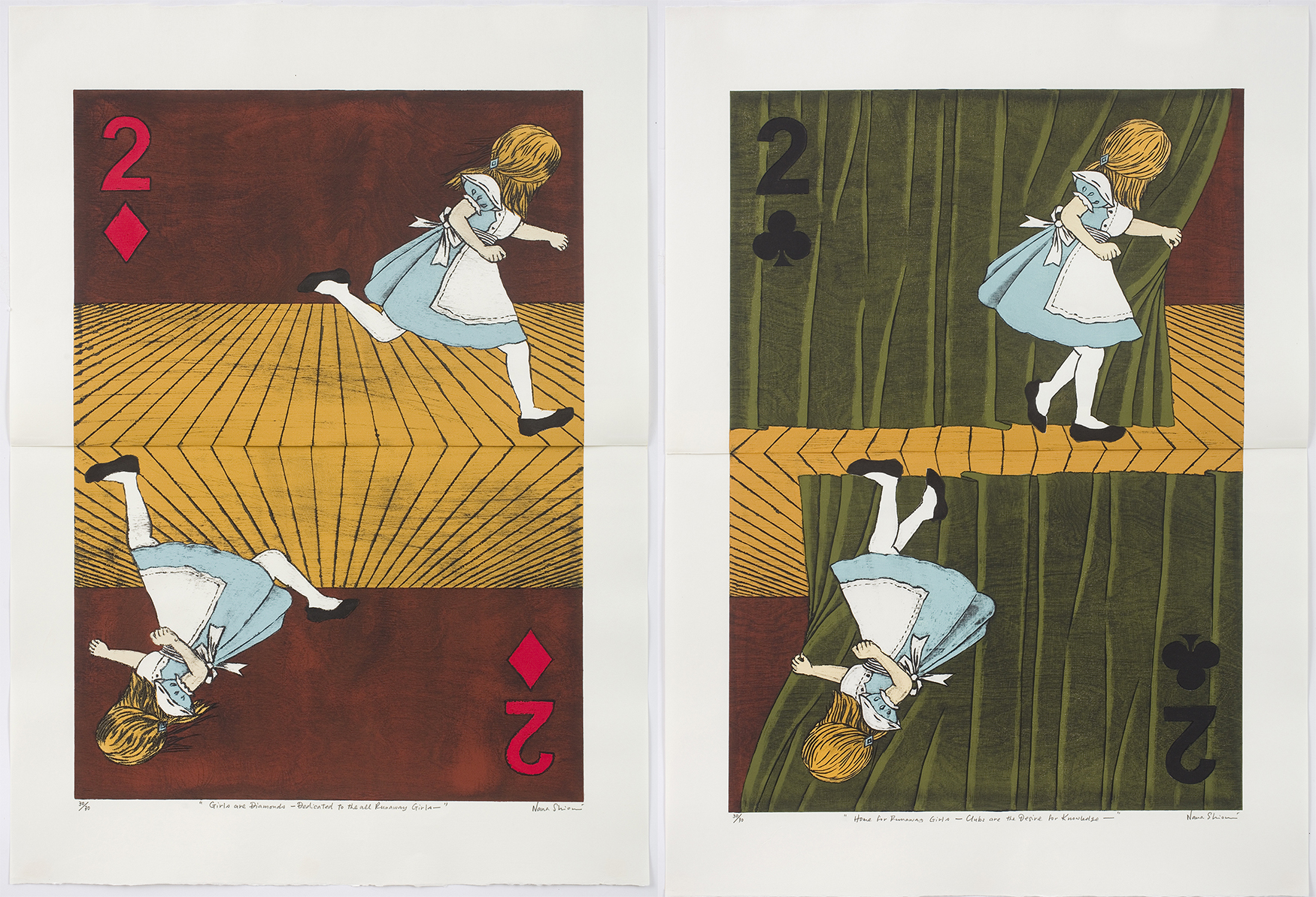 pair of woodcuts by Nana Shiomi, 2020 Runaway Girls