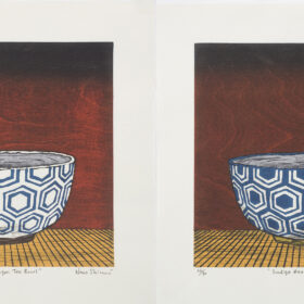 pair of woodcuts by nana shiomi: heaxgon tea bowls