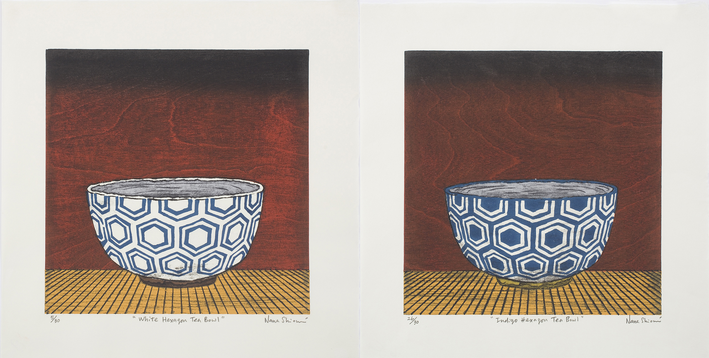 pair of woodcuts by nana shiomi: heaxgon tea bowls