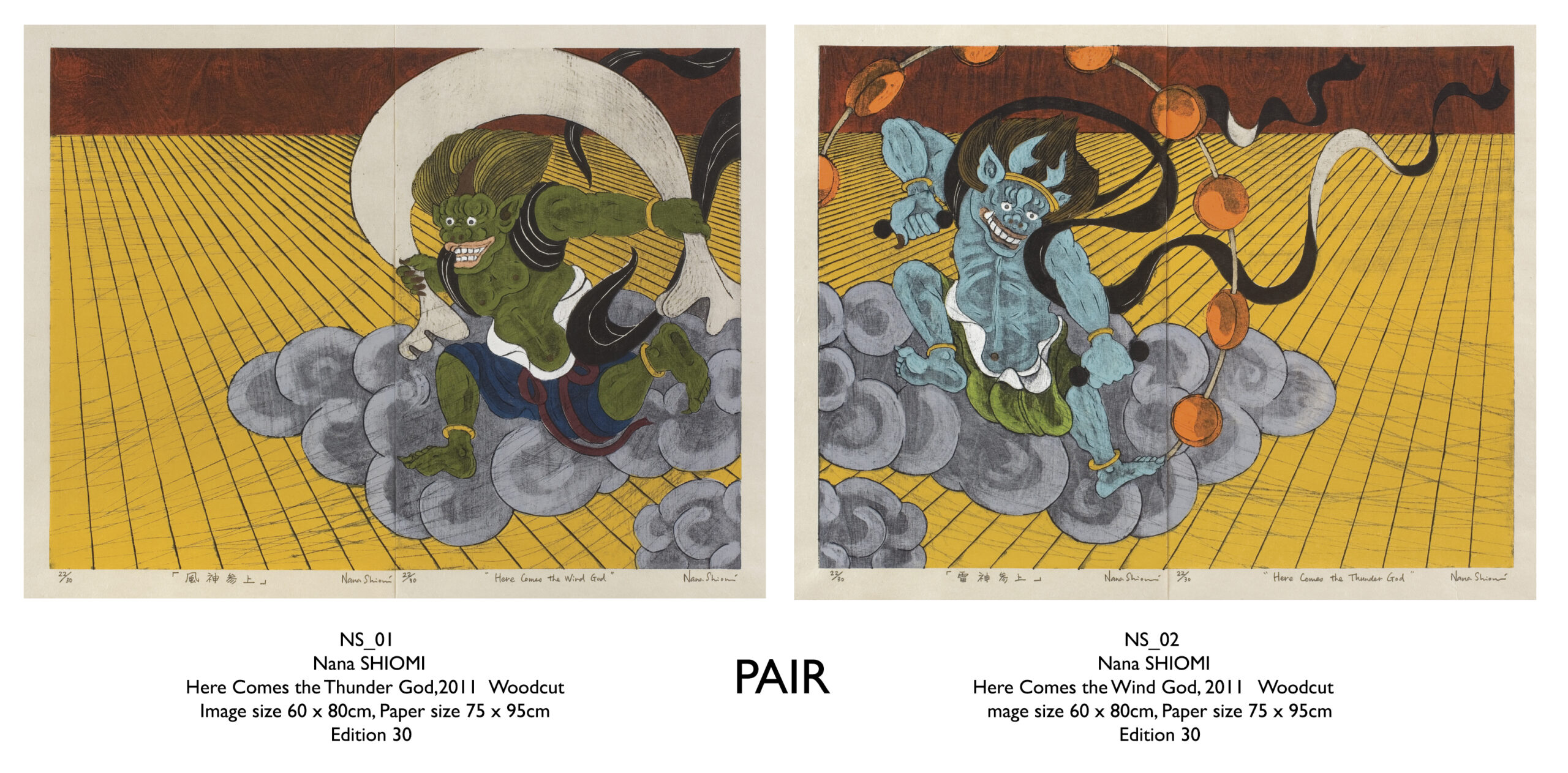 Here Comes the Wind God, Here Comes the Thunder God woodcut prints by Nana Shiomi of Japanese Gods