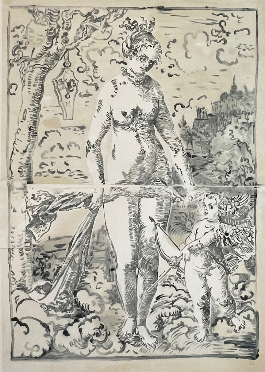 Monotype of Cupid and Venus after Cranach. Contemporary Print by Natasha Michaels