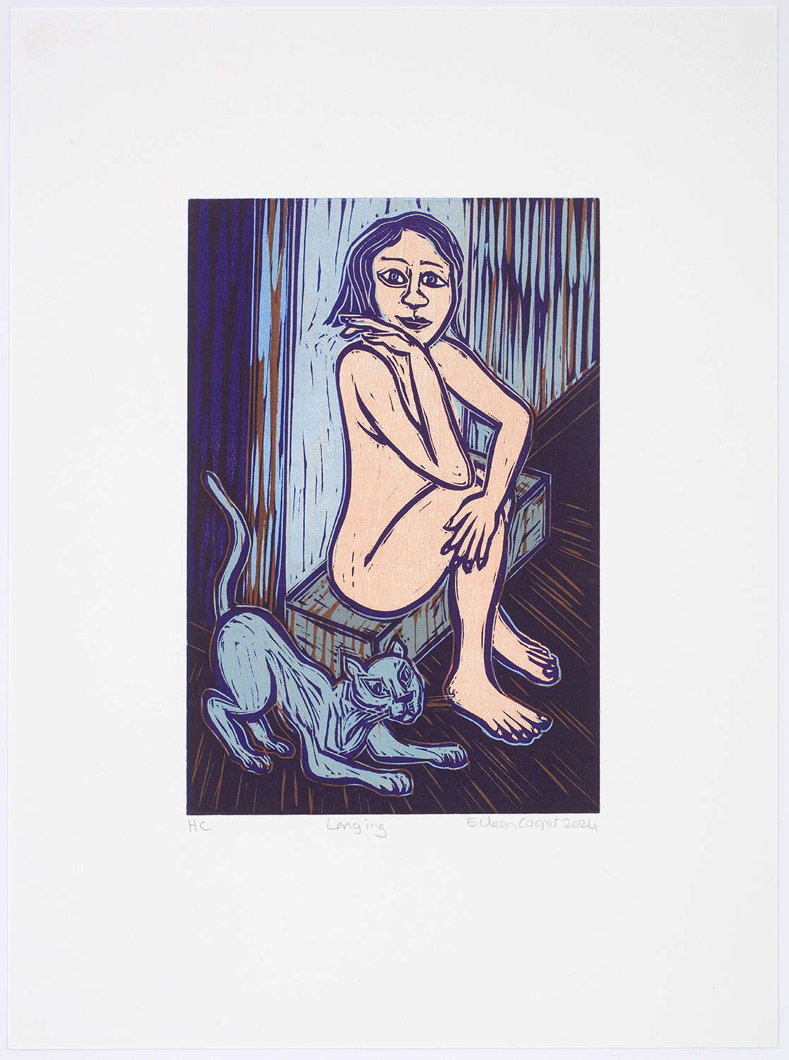 limited edition woodcut print by Eileen Cooper RA of a woman and a cat