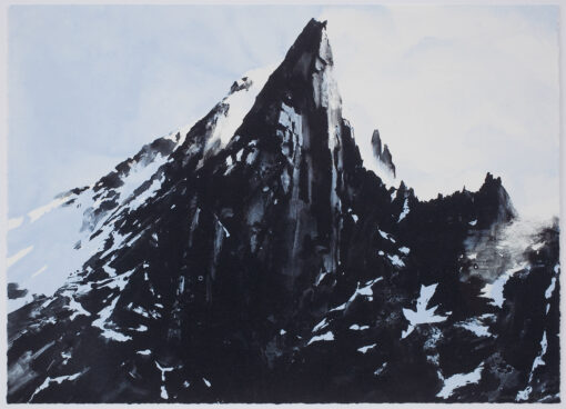 limited edition print by Emma Stibbon of RA in blue and black ink with hand colouring of 'Petit Dru' in the Alps