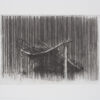 limited edition print, etching in black of a hand build shelter of sticks form the 'shelter' and 'keep safe' series