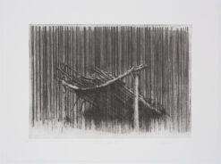 limited edition print, etching in black ink of a hand build shelter of sticks form the 'shelter' and 'keep safe' series