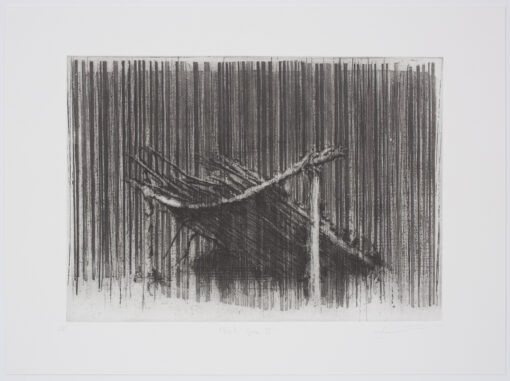 limited edition print, etching in black of a hand build shelter of sticks form the 'shelter' and 'keep safe' series