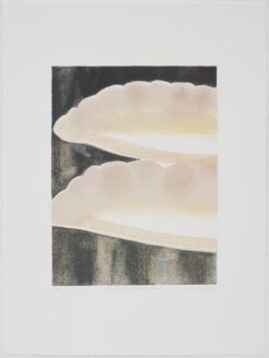 limited edition print by Katherine Jones RA of flower like forms with scalloped edges in pink and grey