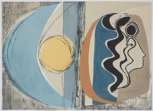 limited edition print of woman's head and moon by Lucy Farley. Etching and collage in blue, grey and orange with black lines