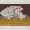 Limited edition print by Nana Shiomi of a fan with cherry blossoms set over a stage in ochre and red