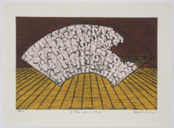 Limited edition print by Nana Shiomi of a fan with cherry blossoms set over a stage in ochre and red