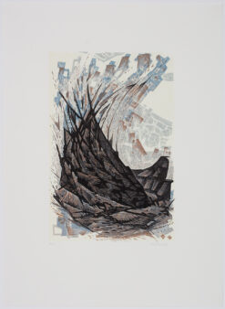 limited edition reduction engraving of a wave with landscape plan in Black, Brown and Blue ink