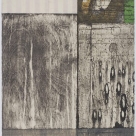 limited edition Japanese woodcut 'Mokuhanga' by Paul Furneaux RSA. Abstract print in black, blue and green with marks mimicking rain and rain drops