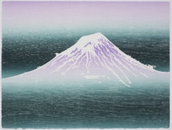 limited edition print, a woodcut in green and mauve of Mount Fuji by Sadie Tierney RCA