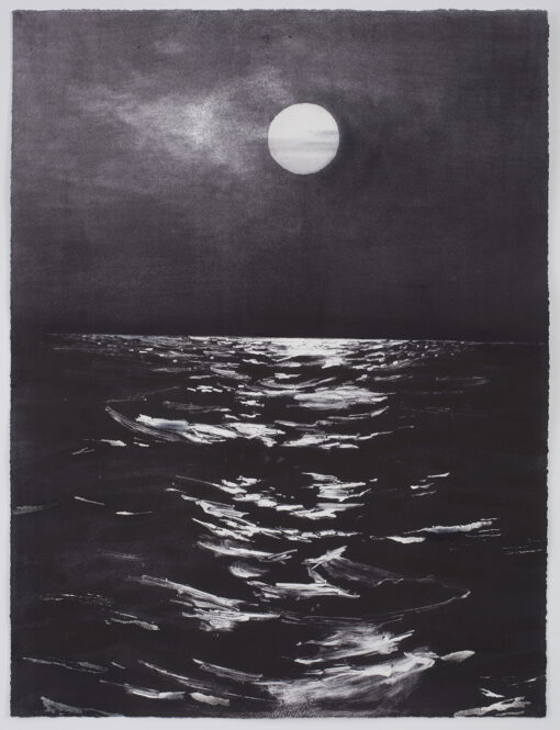 one off contemporary monotype print by Emma Stibbon RA of the icy sea under a full moon