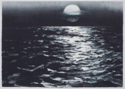 A unique contemporary monotype print by Emma Stibbon of a full moon over and icy sea