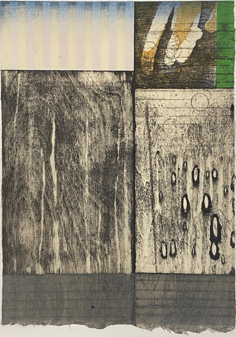 in exhibition "When the East Wind Blows" Six encounters with Japanese Woodblock Printmaking Embassy of Japan, 101-104 Piccadilly London W1J 7JT.Paul Furneaux RSA Rain Salutation: Green, 2025 Multiple Block Mokuhanga and Etching Printed on 46gsm Seicheosen Tosa, Natural 38 x 28cm Edition 20