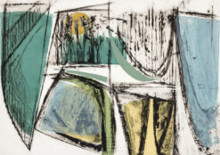 Limited edition print by Lucy Farley of a semi abstracted wooded landscape in blue and ochre