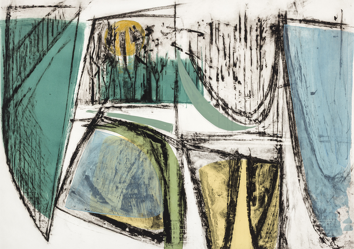 Limited edition print by Lucy Farley of a semi abstracted wooded landscape in blue and ochre