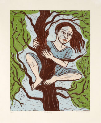 limited edition contemporary woodcut by Eileen Cooper of a woman in a tree - 'Butterfly'