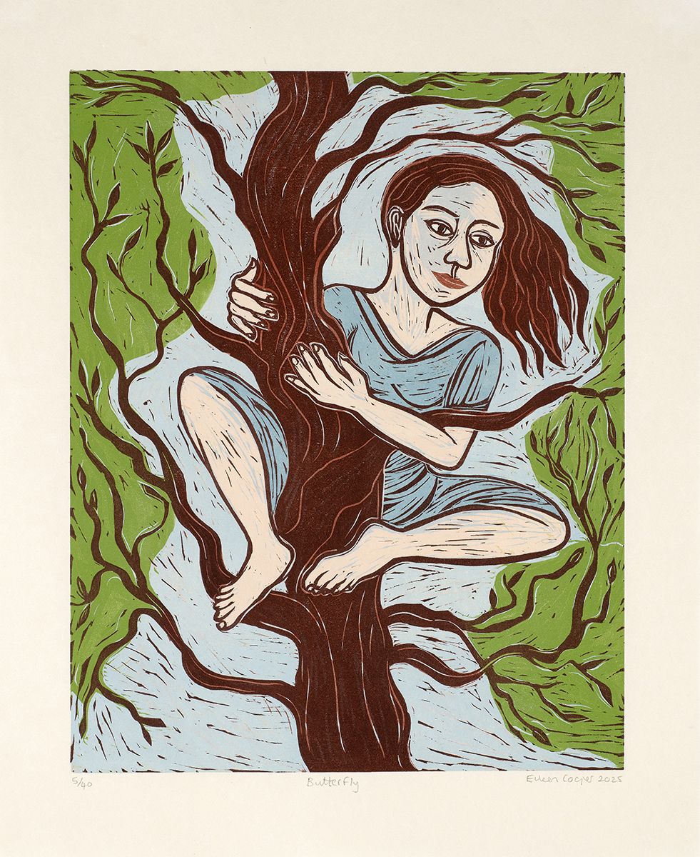 limited edition contemporary woodcut by Eileen Cooper of a woman in a tree - 'Butterfly'