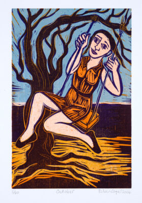 Contemporary limited edition woodcut of a woman on a swing by Eileen Cooper RA