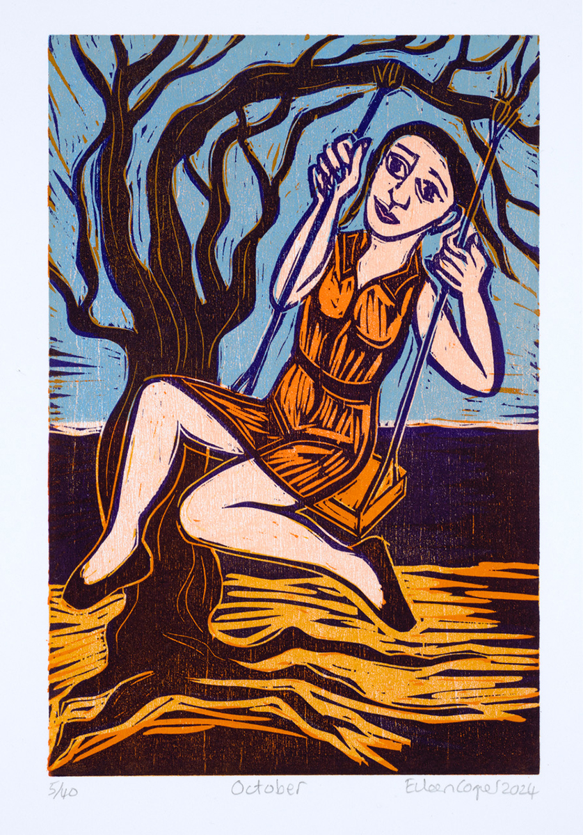 Contemporary limited edition woodcut of a woman on a swing by Eileen Cooper RA