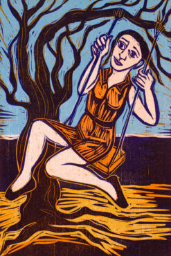 Contemporary limited edition woodcut of a woman on a swing by Eileen Cooper RA