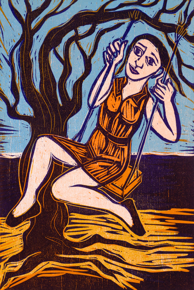 Contemporary limited edition woodcut of a woman on a swing by Eileen Cooper RA