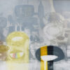 A collections of objects in a limited edition collagraph print by Katherine Jones RA, monochrome and yellow, interior view