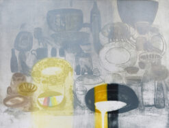 A collections of objects in a limited edition collagraph print by Katherine Jones RA, monochrome and yellow, interior view