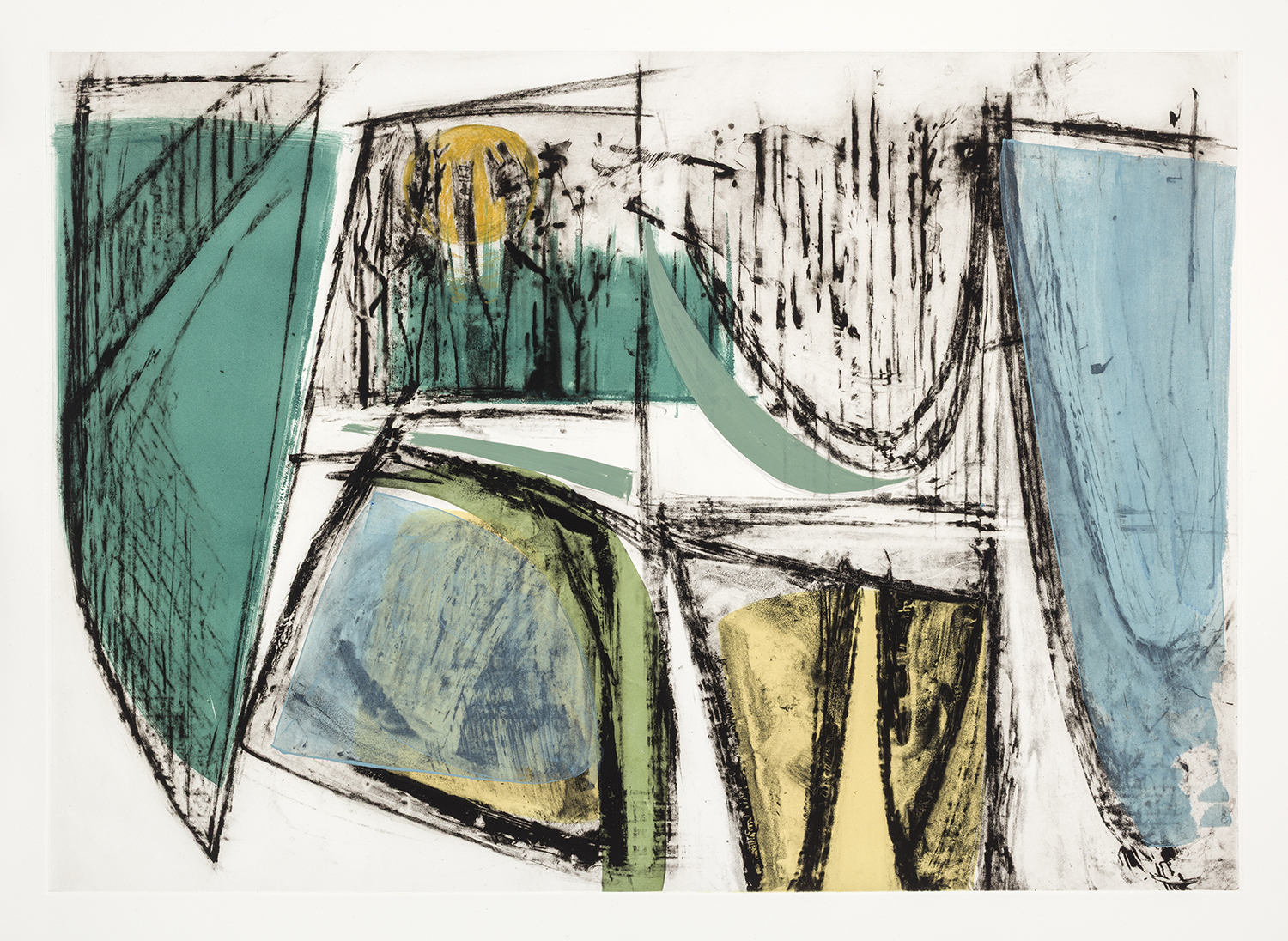 Limited edition print by Lucy Farley of a semi abstracted wooded landscape in blue and ochre