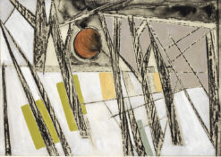 Limited edition contemporary print by Lucy Farley - a semi abstracted view through a windo to the woods beyond